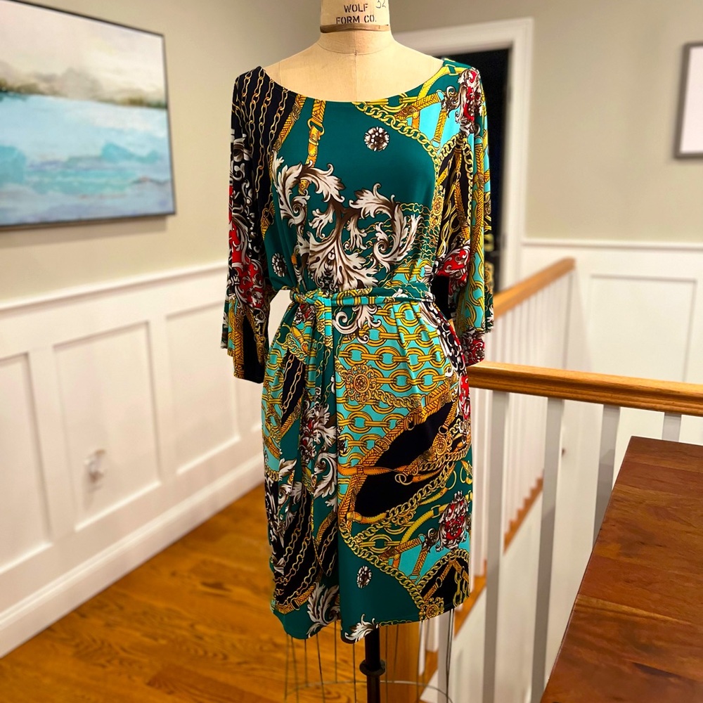 Boatneck tunic dress. Multi colored/equestrian theme dress in size S.